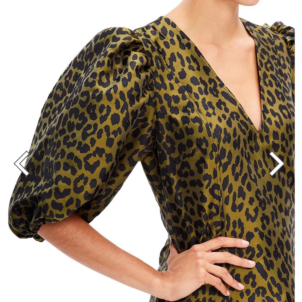 Ganni Leopard Print Jacquard Puff Sleeve Satin Midi Dress